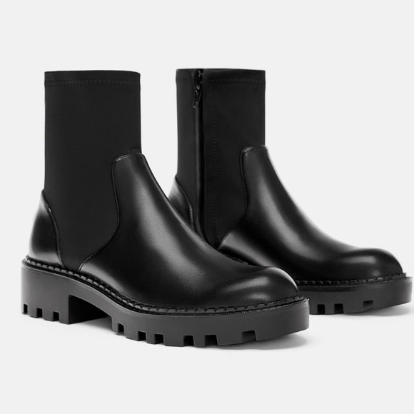 Zara Shoes - Zara Sock Leather Combat Boot Combo Chunky Sole
